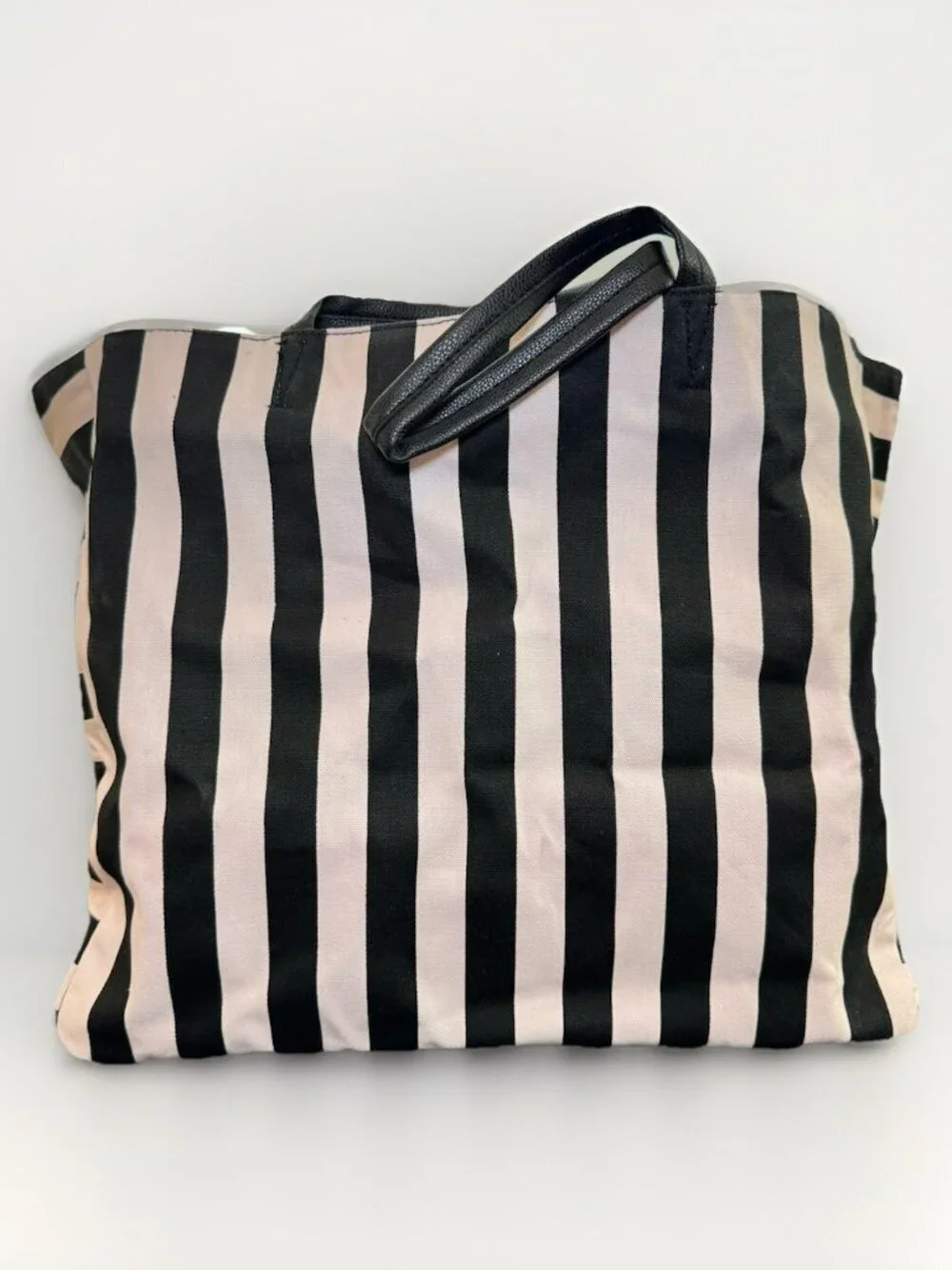 VS Victoria's Secret Large Canvas Tote Beach Bag Pale Pink & Black Striped